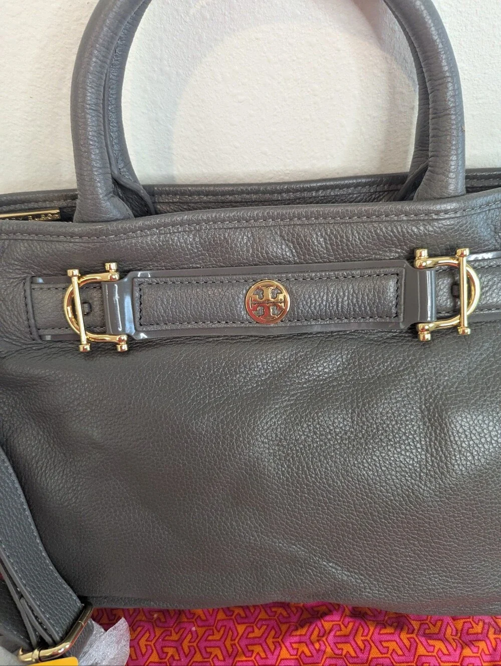 Authentic Tory Burch Horsebit Satchel - Elephant Grey Pebbled Leather