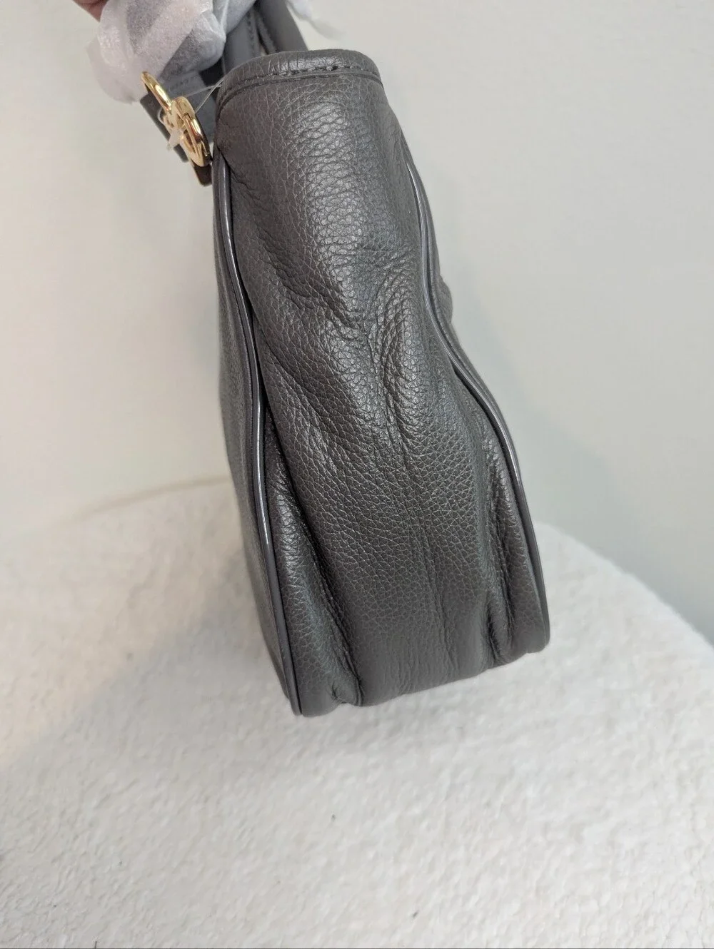 Authentic Tory Burch Horsebit Satchel - Elephant Grey Pebbled Leather