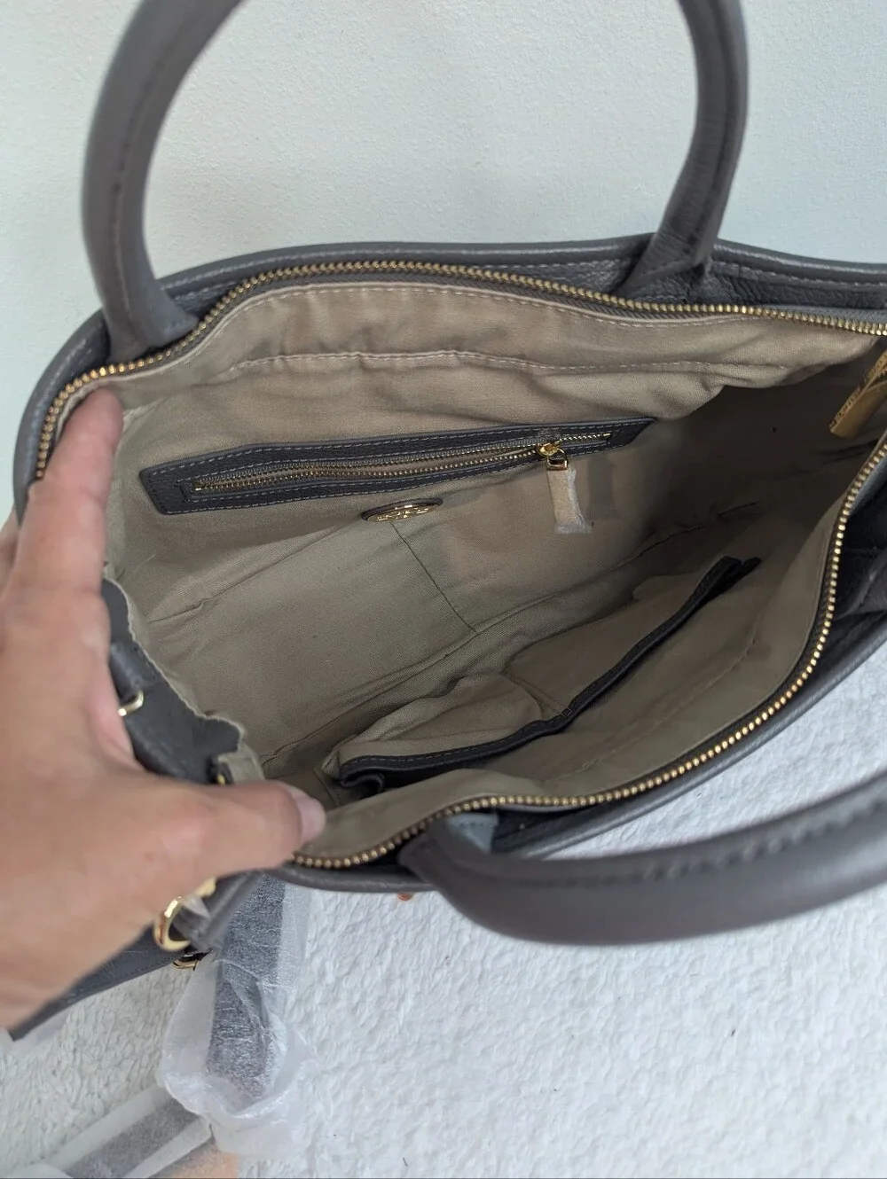 Authentic Tory Burch Horsebit Satchel - Elephant Grey Pebbled Leather