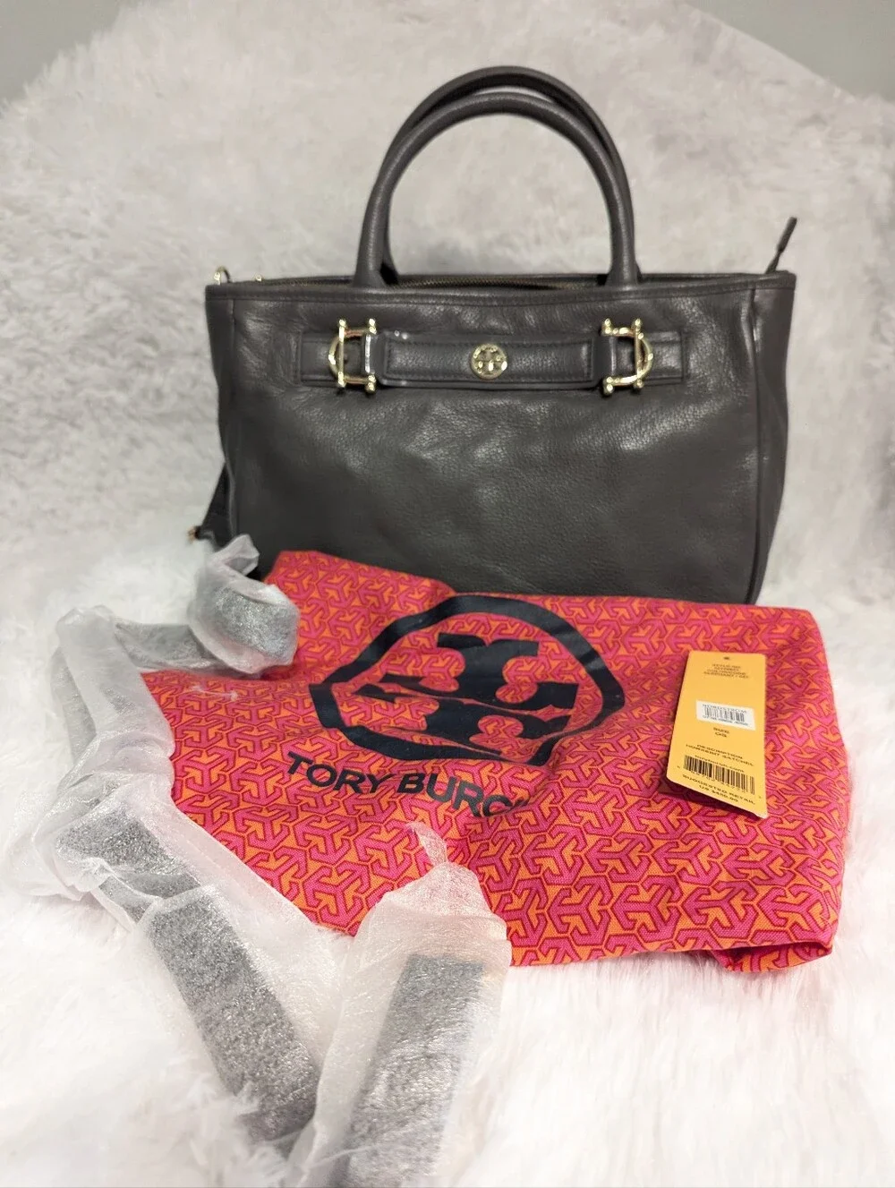 Authentic Tory Burch Horsebit Satchel - Elephant Grey Pebbled Leather