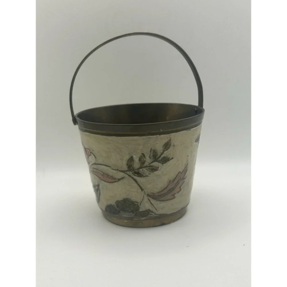 RARE Solid Brass Round‎ Basket With Enameled Flowers Made In India
