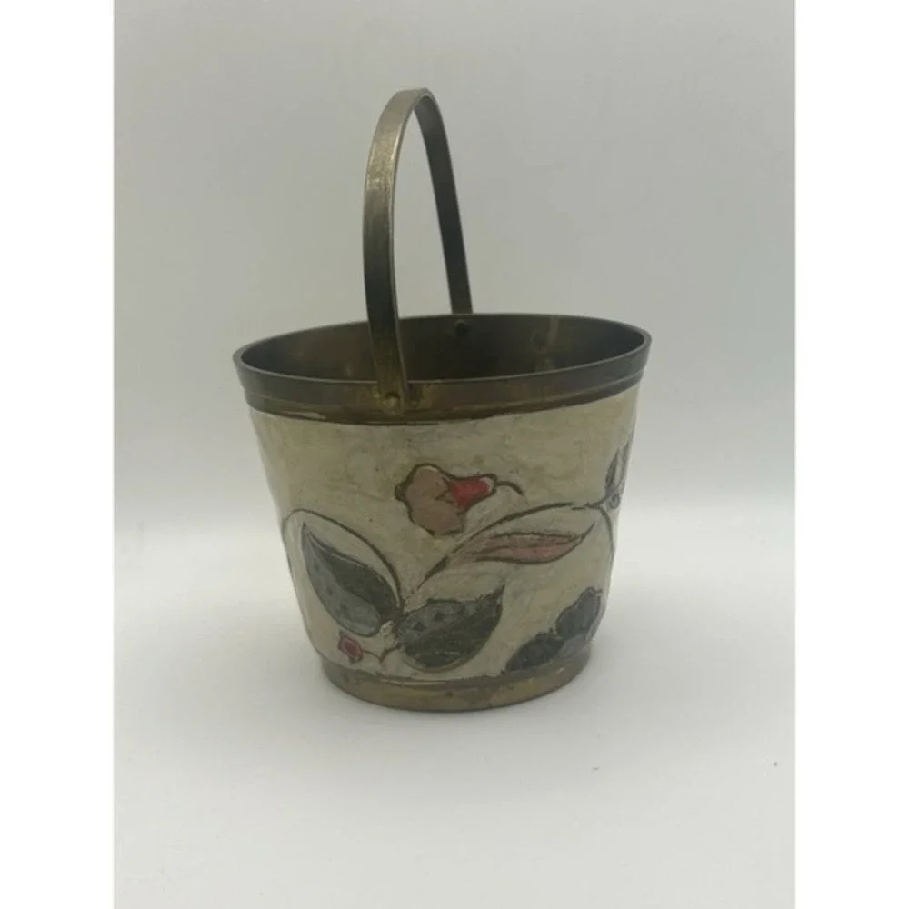 RARE Solid Brass Round‎ Basket With Enameled Flowers Made In India