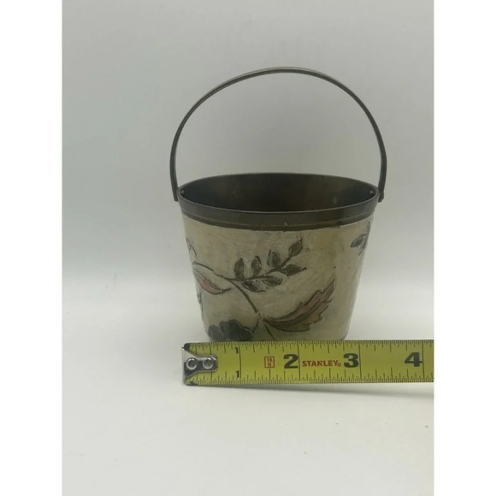 RARE Solid Brass Round‎ Basket With Enameled Flowers Made In India