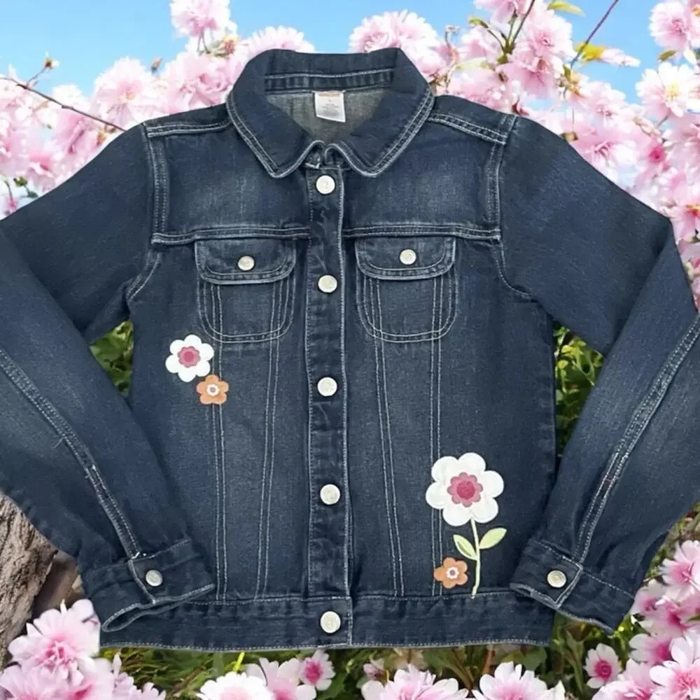 Gymboree Dark Blue Denim Jacket with Floral Accents Size Small 5 6