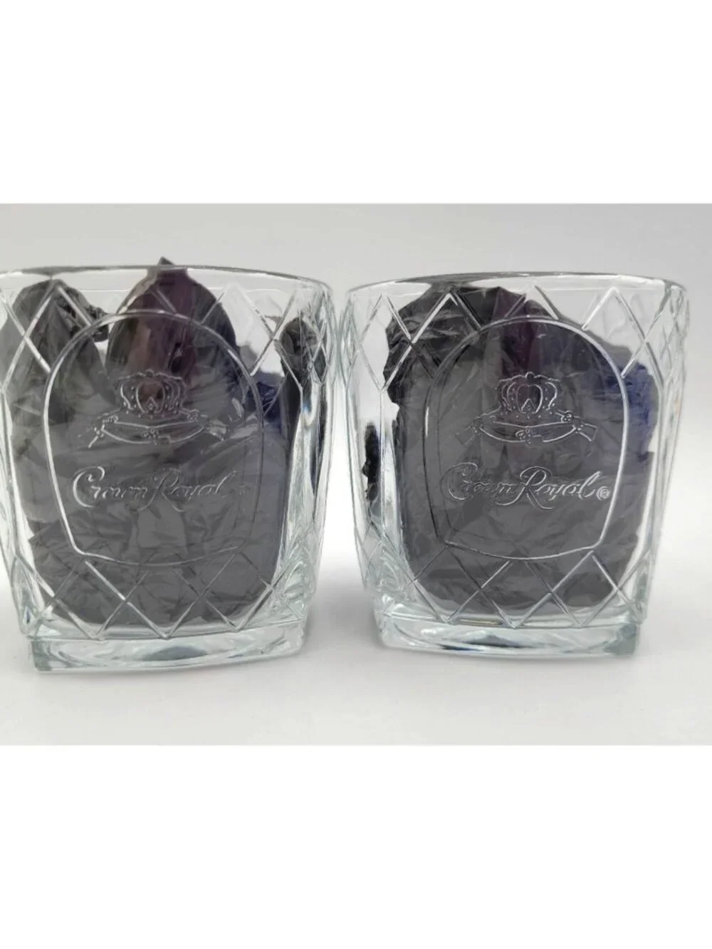 Crown Royal Etched Logo Diamond Pattern Whiskey Low Ball Glasses Set Of 2 10 oz