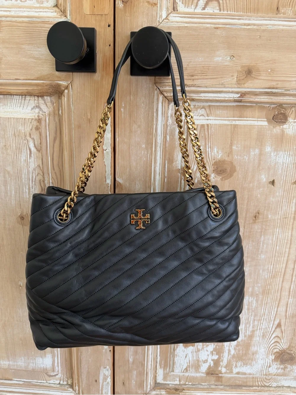 Tory Burch Black Quilted Leather Shoulder Bag with Gold Chain