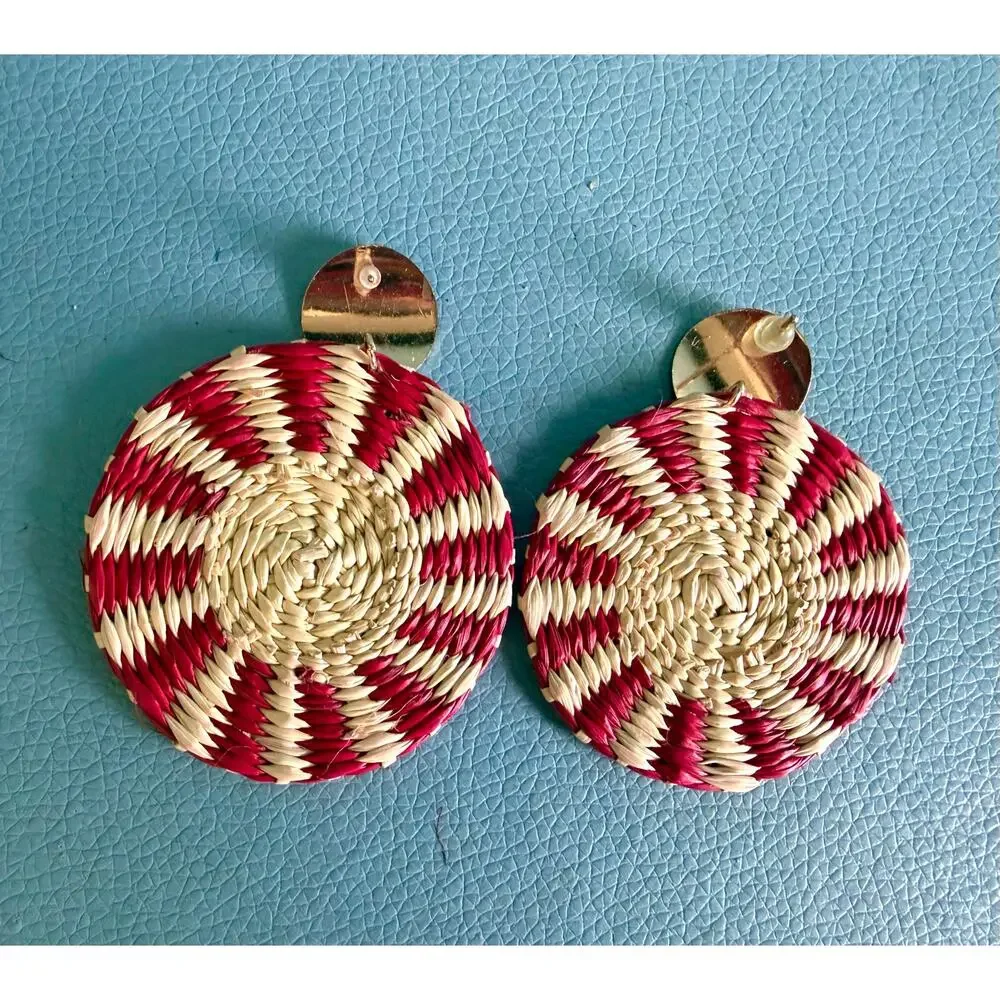 Boho Woven Raffia Circle Drop Earrings Sunburst Straw Disc Medallions