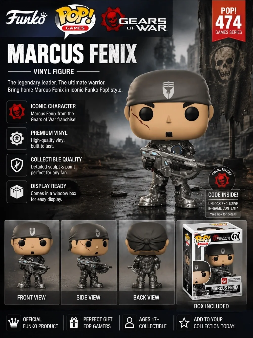Funko Marcus Fenix Vinyl Figure - Black, Gray, Silver
